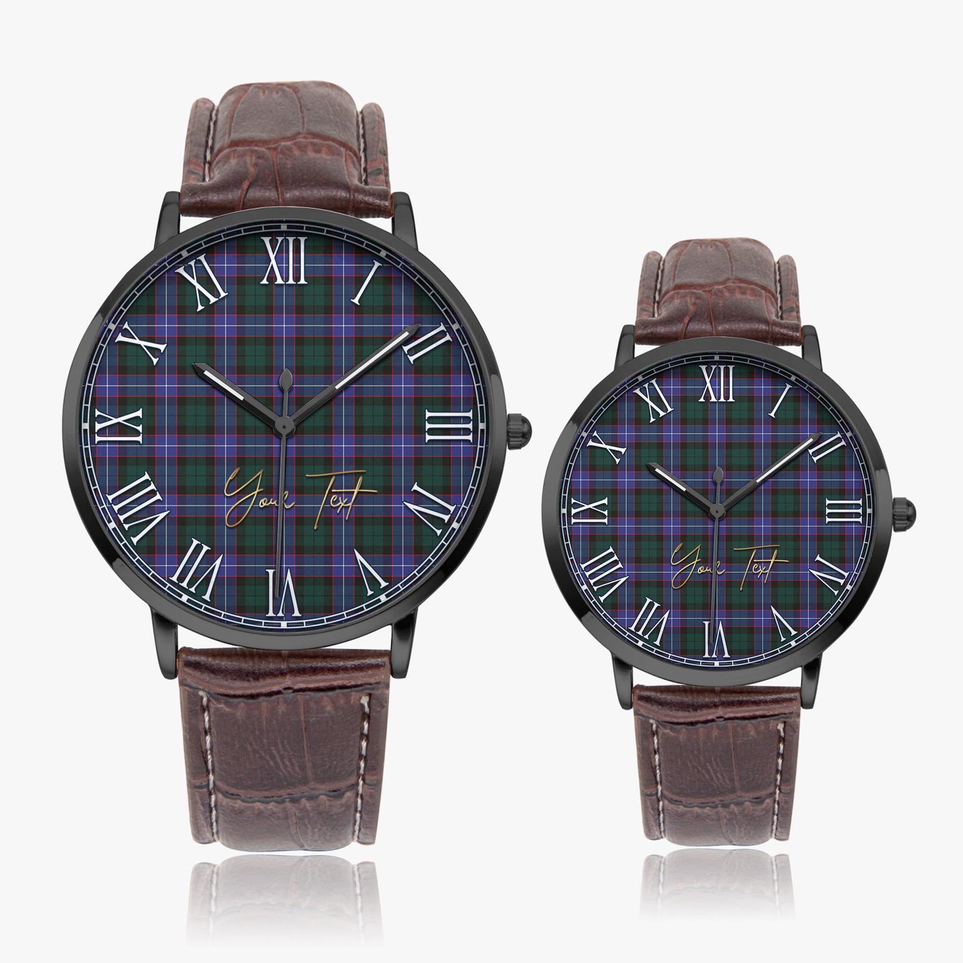 Guthrie Modern Tartan Personalized Your Text Leather Trap Quartz Watch Ultra Thin Black Case With Brown Leather Strap - Tartanvibesclothing