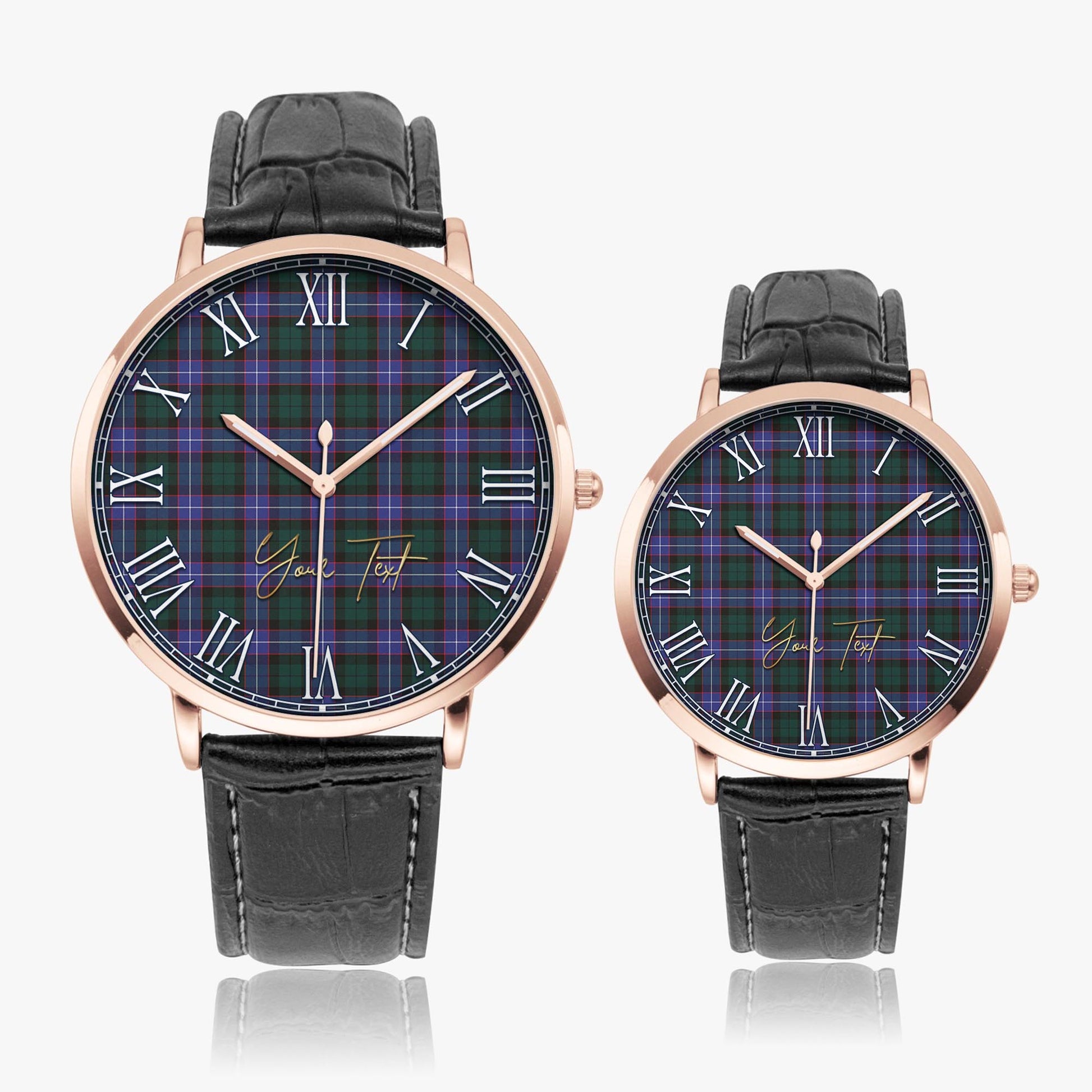 Guthrie Modern Tartan Personalized Your Text Leather Trap Quartz Watch Ultra Thin Rose Gold Case With Black Leather Strap - Tartanvibesclothing