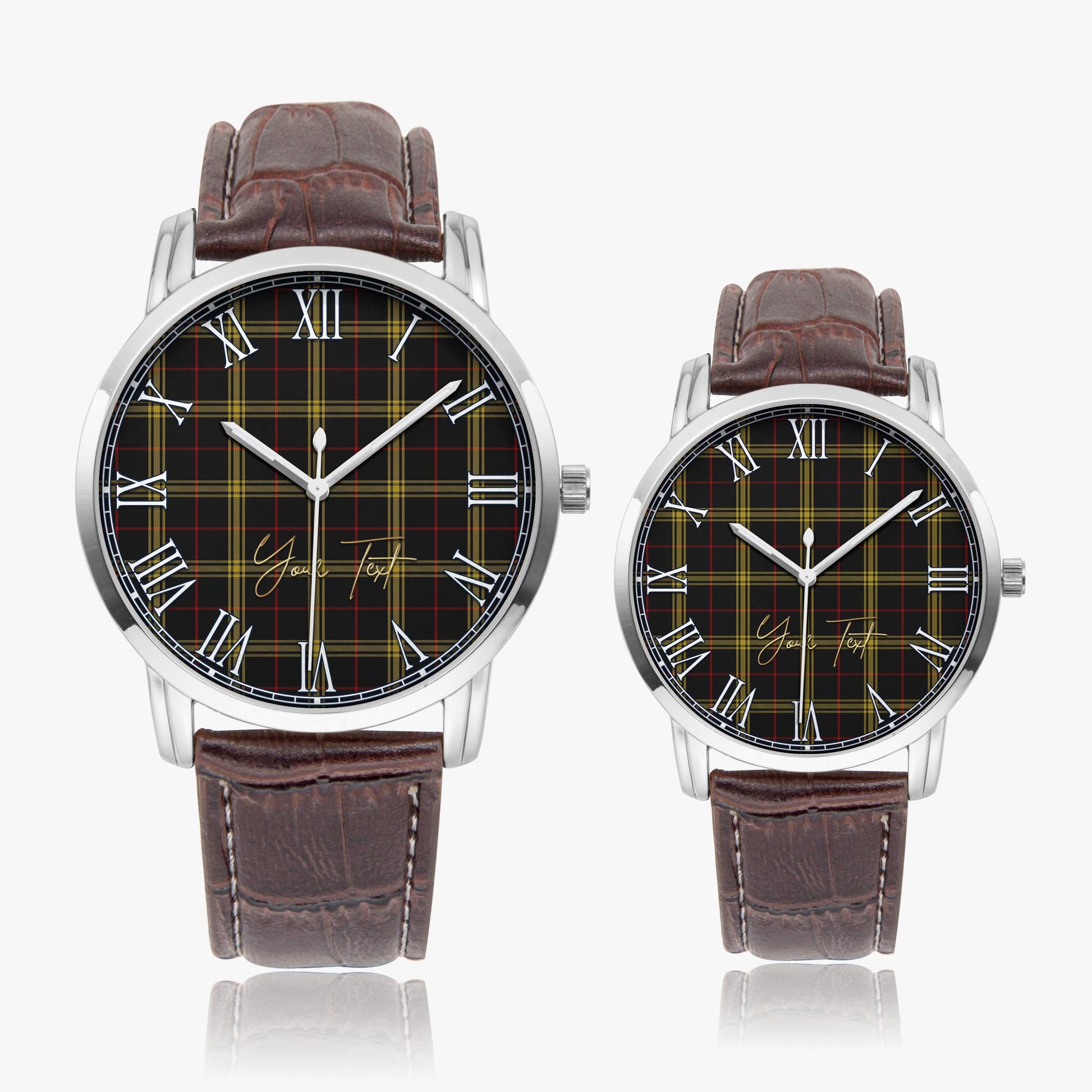 Gwynn Tartan Personalized Your Text Leather Trap Quartz Watch Wide Type Silver Case With Brown Leather Strap - Tartanvibesclothing