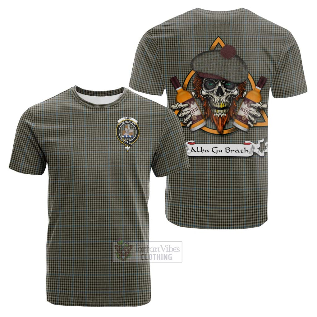 Tartan Vibes Clothing Haig Tartan Cotton T-shirt with Family Crest and Bearded Skull Holding Bottles of Whiskey