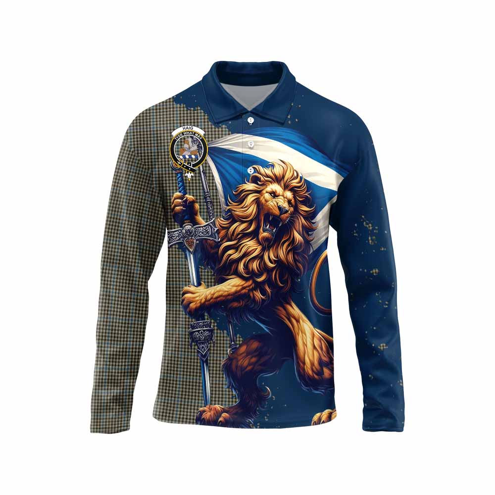 Tartan Vibes Clothing Haig Tartan Family Crest Long Sleeve Polo Shirt with Scottish Majestic Lion