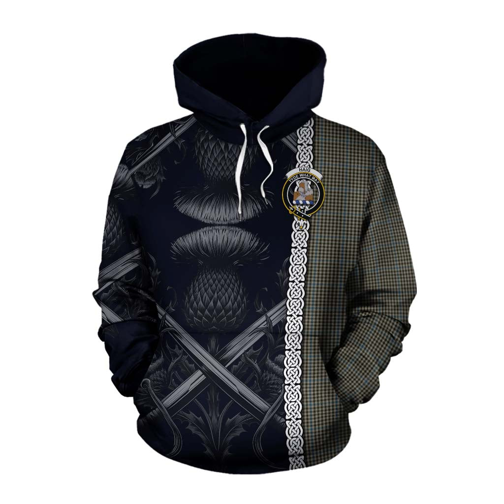 Tartan Vibes Clothing Haig Tartan Cotton Hoodie with Family Crest Cross Sword Thistle Celtic Vibes