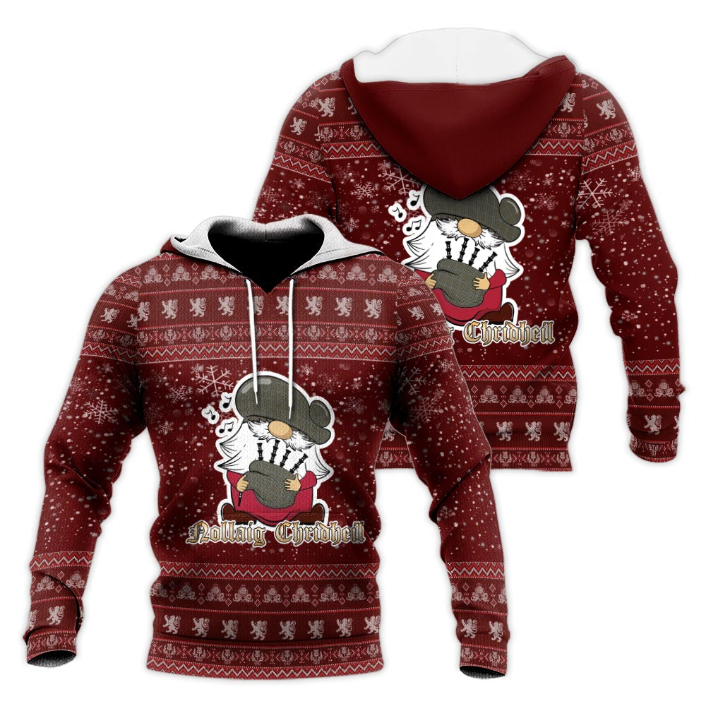 Haig Clan Christmas Knitted Hoodie with Funny Gnome Playing Bagpipes Red - Tartanvibesclothing