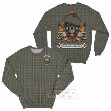 Haig Tartan Sweatshirt with Family Crest and Bearded Skull Holding Bottles of Whiskey