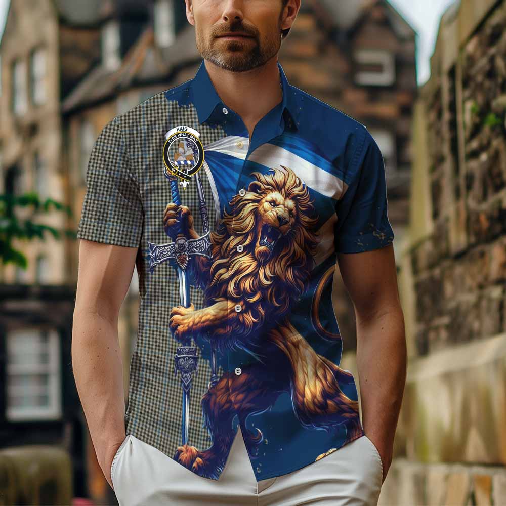 Tartan Vibes Clothing Haig Tartan Family Crest Short Sleeve Button Shirt with Scottish Majestic Lion