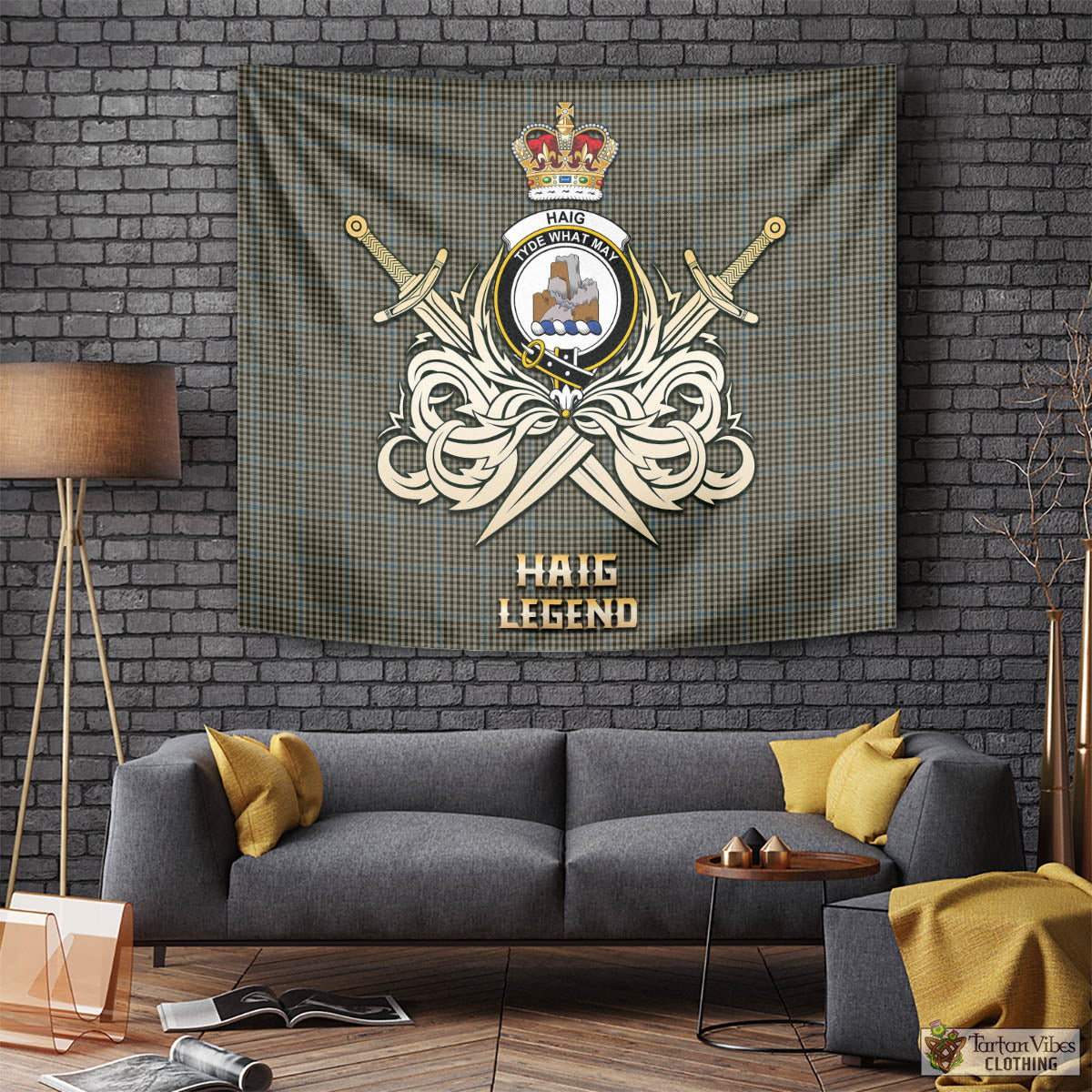 Tartan Vibes Clothing Haig Tartan Tapestry with Clan Crest and the Golden Sword of Courageous Legacy