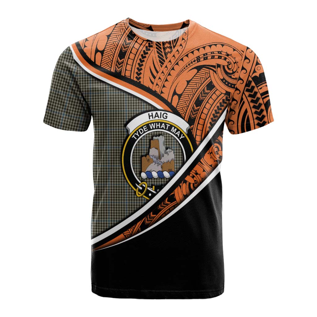 Tartan Vibes Clothing Haig Crest Tartan Cotton T-shirt with Maori Tattoo Style - Orange Version