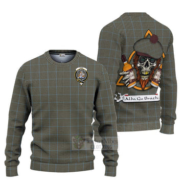 Haig Tartan Ugly Sweater with Family Crest and Bearded Skull Holding Bottles of Whiskey