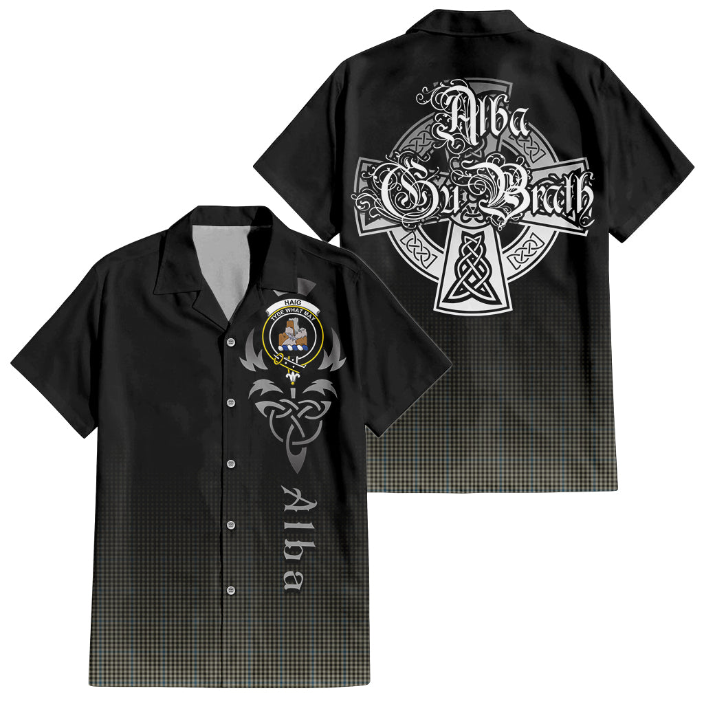 Tartan Vibes Clothing Haig Tartan Short Sleeve Button Up Featuring Alba Gu Brath Family Crest Celtic Inspired