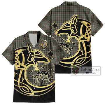 Haig Tartan Short Sleeve Button Shirt with Family Crest Celtic Wolf Style