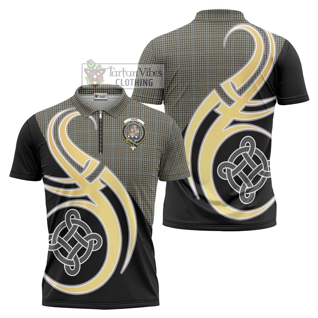 Tartan Vibes Clothing Haig Tartan Zipper Polo Shirt with Family Crest and Celtic Symbol Style