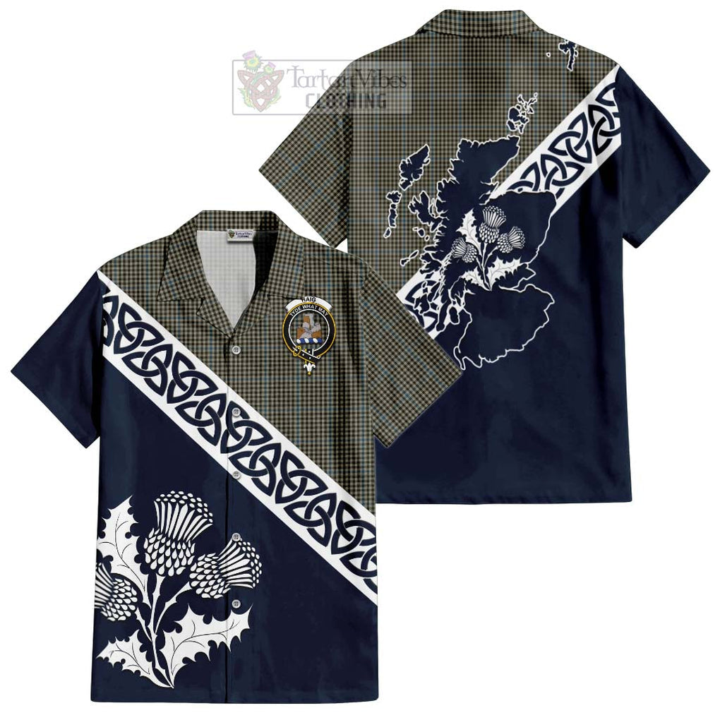 Tartan Vibes Clothing Haig Tartan Short Sleeve Button Shirt Featuring Thistle and Scotland Map