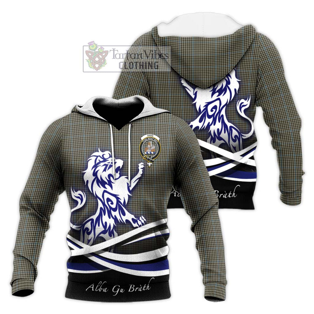 Haig Tartan Knitted Hoodie with Alba Gu Brath Regal Lion Emblem Unisex Knitted Pullover Hoodie - Tartanvibesclothing Shop