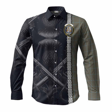 Haig Tartan Long Sleeve Button Shirt with Family Crest Cross Sword Thistle Celtic Vibes