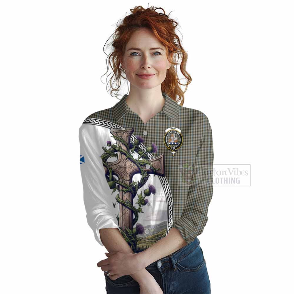 Tartan Vibes Clothing Haig Tartan Women's Casual Shirt with Family Crest and St. Andrew's Cross Accented by Thistle Vines