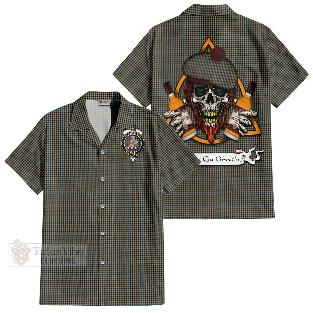 Tartan Vibes Clothing Haig Tartan Short Sleeve Button Shirt with Family Crest and Bearded Skull Holding Bottles of Whiskey