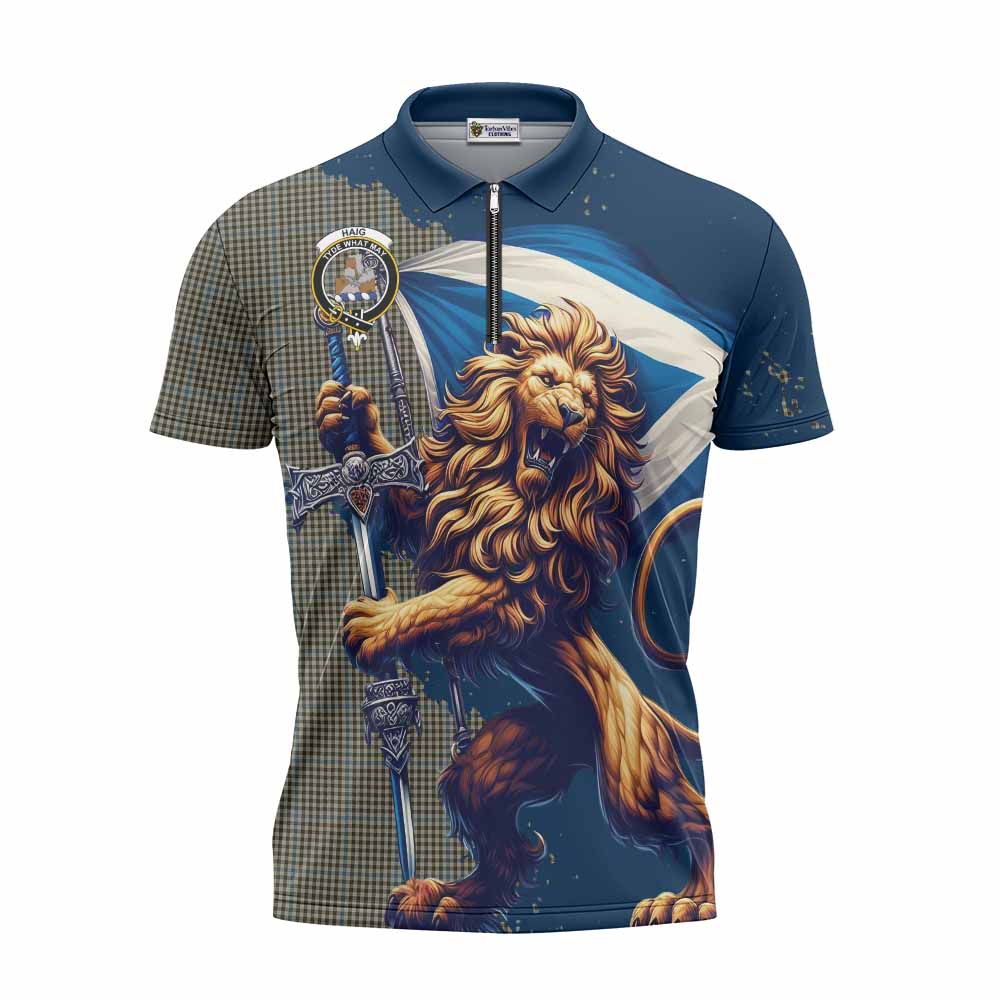 Tartan Vibes Clothing Haig Tartan Family Crest Zipper Polo Shirt with Scottish Majestic Lion