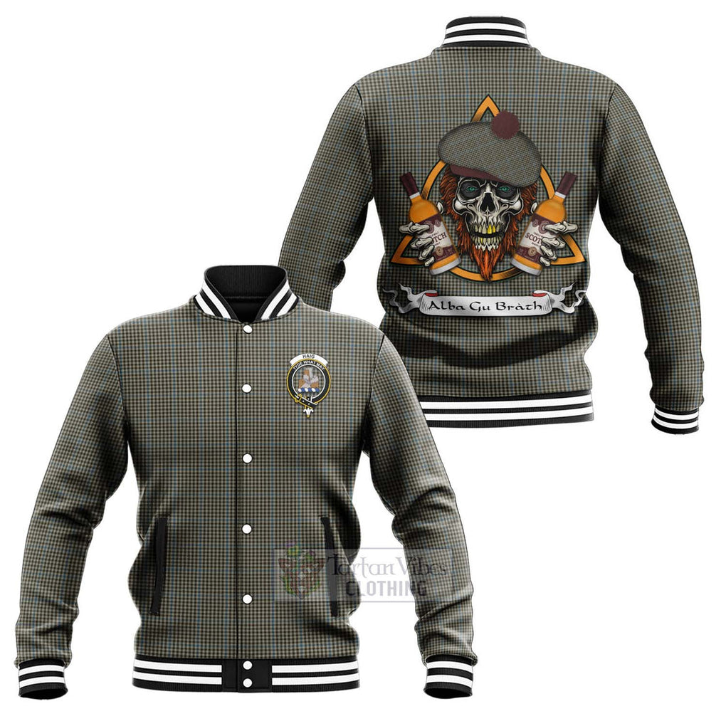 Tartan Vibes Clothing Haig Tartan Baseball Jacket with Family Crest and Bearded Skull Holding Bottles of Whiskey