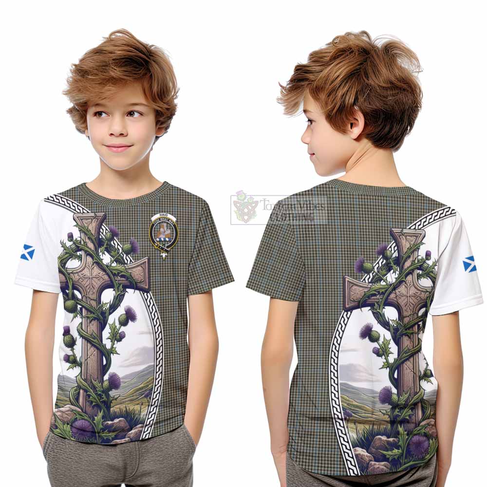 Tartan Vibes Clothing Haig Tartan Kid T-Shirt with Family Crest and St. Andrew's Cross Accented by Thistle Vines