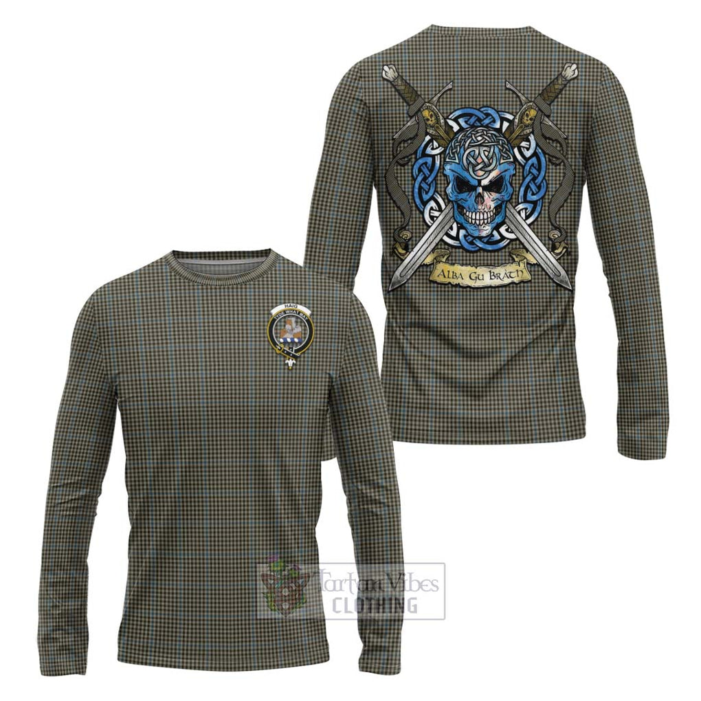 Tartan Vibes Clothing Haig Tartan Long Sleeve T-Shirt with Family Crest Celtic Skull Style