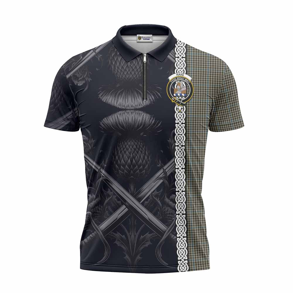 Tartan Vibes Clothing Haig Tartan Zipper Polo Shirt with Family Crest Cross Sword Thistle Celtic Vibes