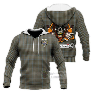 Haig Tartan Knitted Hoodie with Family Crest and Bearded Skull Holding Bottles of Whiskey