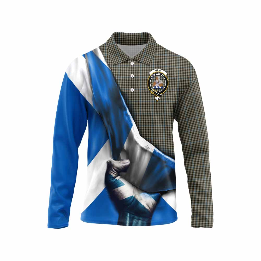 Tartan Vibes Clothing Haig Tartan Long Sleeve Polo Shirt with Family Crest Scotland Patriotic Style