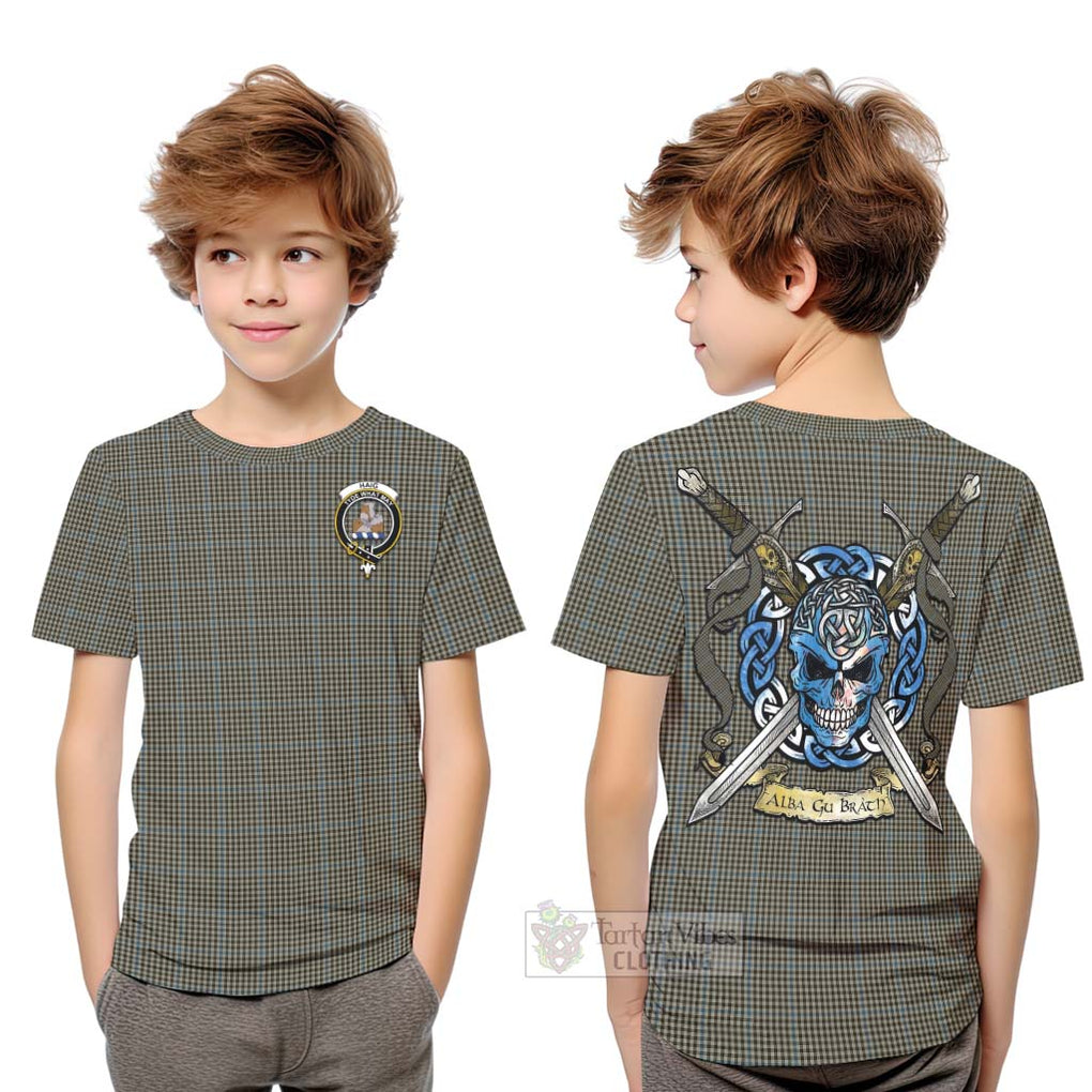 Tartan Vibes Clothing Haig Tartan Kid T-Shirt with Family Crest Celtic Skull Style