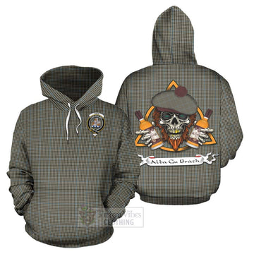 Haig Tartan Hoodie with Family Crest and Bearded Skull Holding Bottles of Whiskey