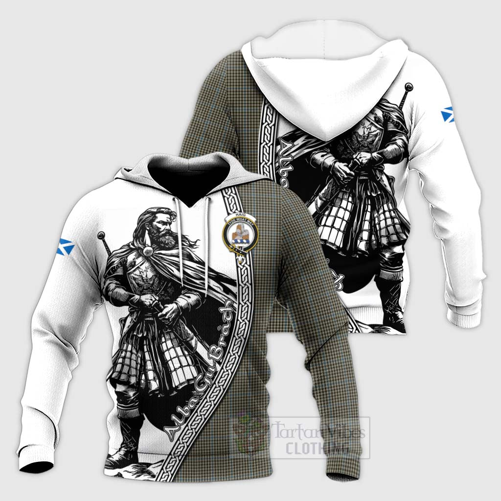 Tartan Vibes Clothing Haig Tartan Clan Crest Knitted Hoodie with Highlander Warrior Celtic Style