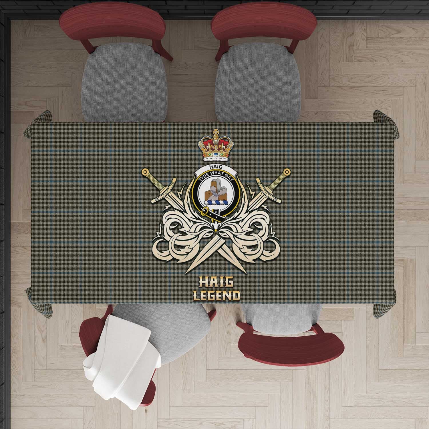 Tartan Vibes Clothing Haig Tartan Tablecloth with Clan Crest and the Golden Sword of Courageous Legacy