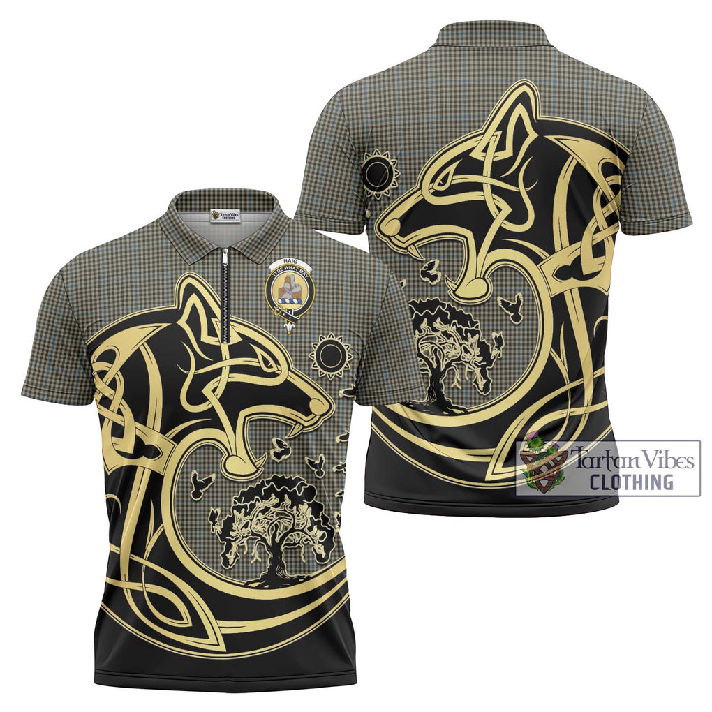 Haig Tartan Zipper Polo Shirt with Family Crest Celtic Wolf Style Unisex - Tartanvibesclothing Shop