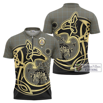 Haig Tartan Zipper Polo Shirt with Family Crest Celtic Wolf Style