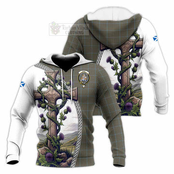 Haig Tartan Knitted Hoodie with Family Crest and St. Andrew's Cross Accented by Thistle Vines