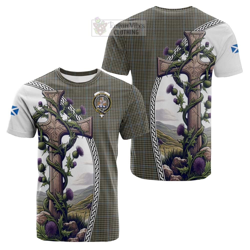 Tartan Vibes Clothing Haig Tartan Cotton T-shirt with Family Crest and St. Andrew's Cross Accented by Thistle Vines