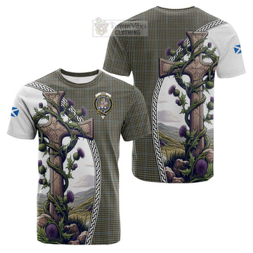 Haig Tartan Cotton T-shirt with Family Crest and St. Andrew's Cross Accented by Thistle Vines