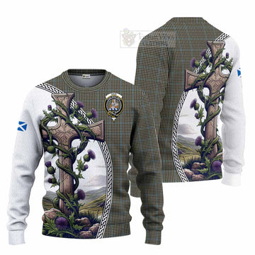 Haig Tartan Knitted Sweater with Family Crest and St. Andrew's Cross Accented by Thistle Vines