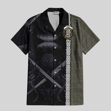 Haig Tartan Short Sleeve Button Shirt with Family Crest Cross Sword Thistle Celtic Vibes