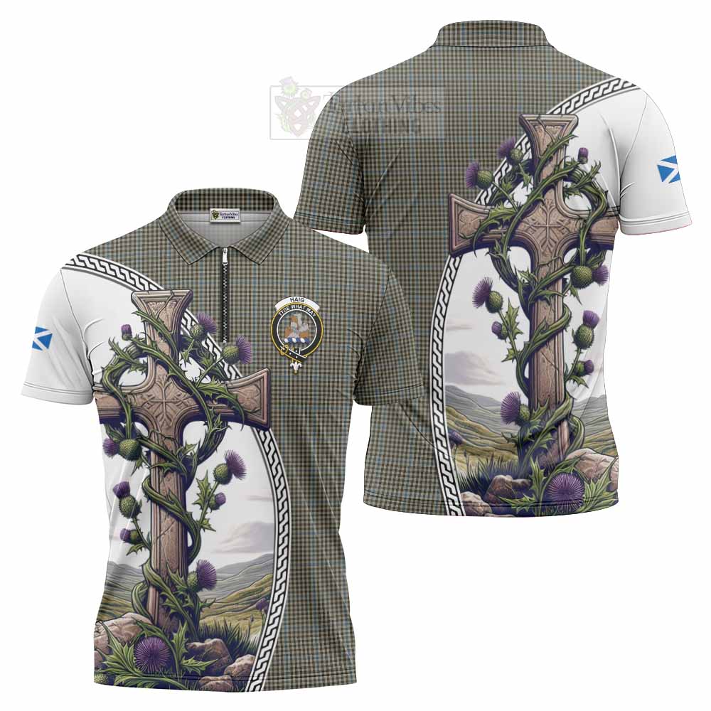 Tartan Vibes Clothing Haig Tartan Zipper Polo Shirt with Family Crest and St. Andrew's Cross Accented by Thistle Vines