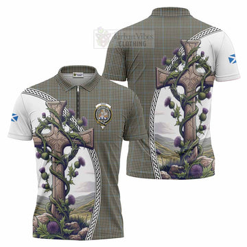 Haig Tartan Zipper Polo Shirt with Family Crest and St. Andrew's Cross Accented by Thistle Vines