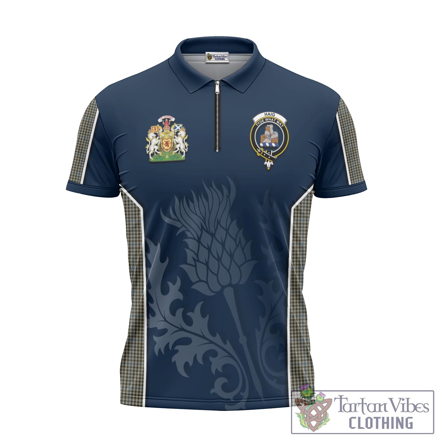 Tartan Vibes Clothing Haig Tartan Zipper Polo Shirt with Family Crest and Scottish Thistle Vibes Sport Style