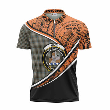 Haig Crest Tartan Zipper Polo Shirt with Polynesian Vibes Style - Orange Version