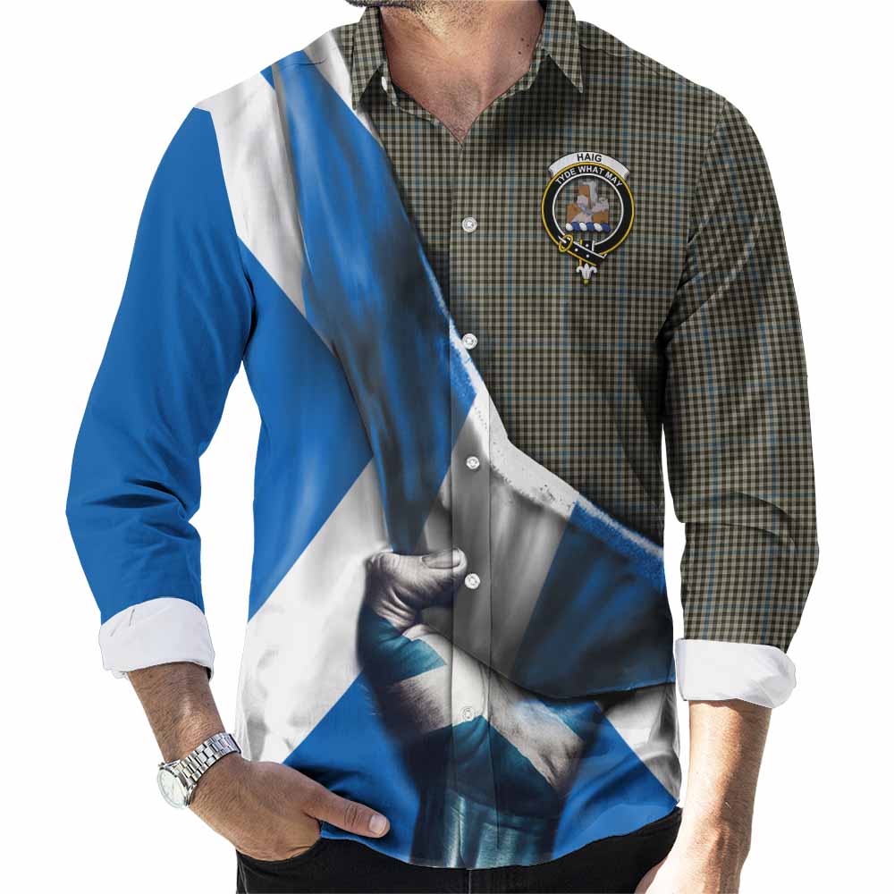 Tartan Vibes Clothing Haig Tartan Long Sleeve Button Shirt with Family Crest Scotland Patriotic Style