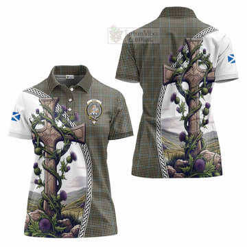 Haig Tartan Women's Polo Shirt with Family Crest and St. Andrew's Cross Accented by Thistle Vines