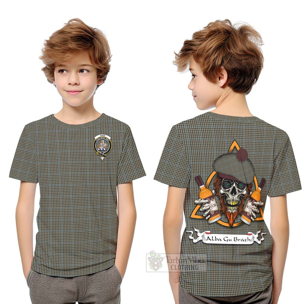 Tartan Vibes Clothing Haig Tartan Kid T-Shirt with Family Crest and Bearded Skull Holding Bottles of Whiskey