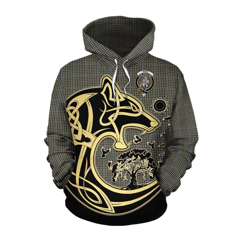 Tartan Vibes Clothing Haig Tartan Cotton Hoodie with Family Crest Celtic Wolf Style