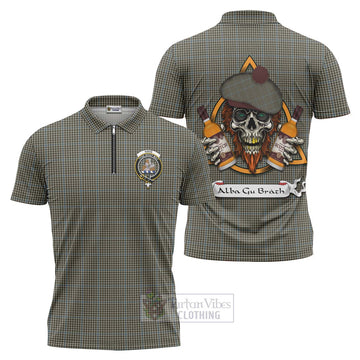 Haig Tartan Zipper Polo Shirt with Family Crest and Bearded Skull Holding Bottles of Whiskey