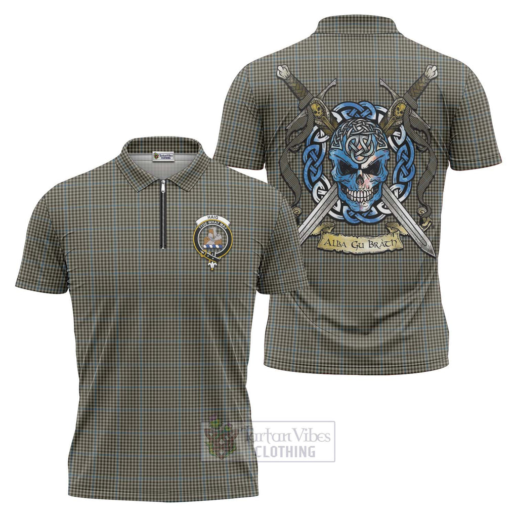 Tartan Vibes Clothing Haig Tartan Zipper Polo Shirt with Family Crest Celtic Skull Style