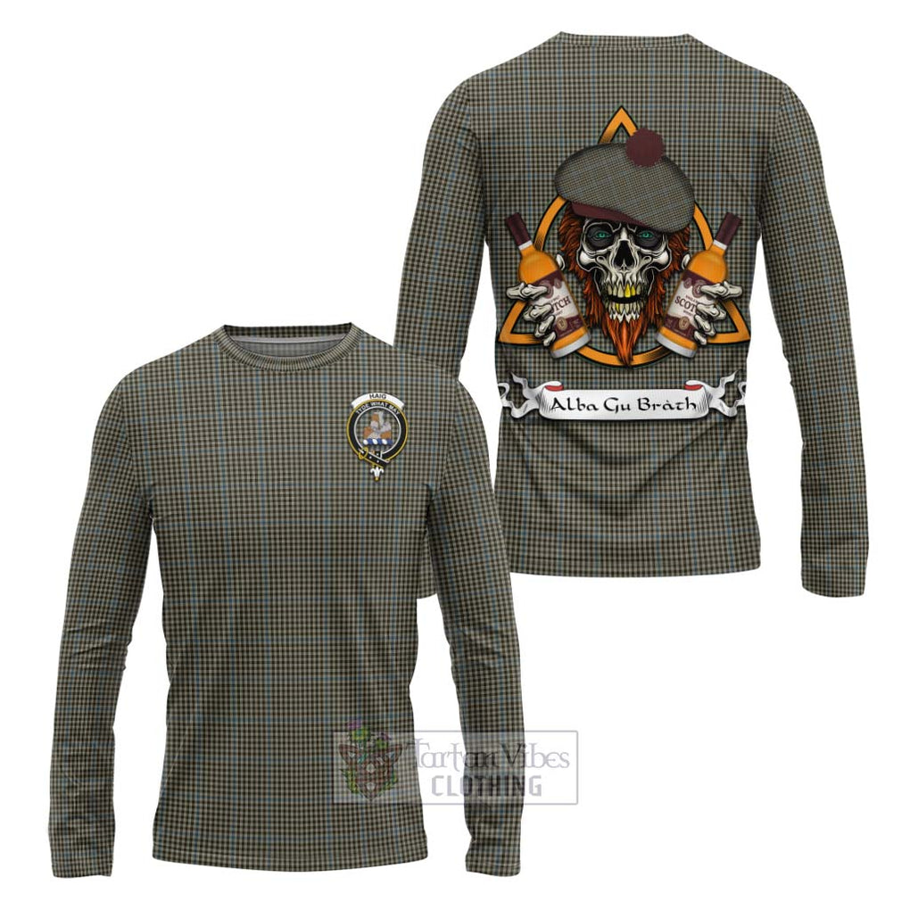 Tartan Vibes Clothing Haig Tartan Long Sleeve T-Shirt with Family Crest and Bearded Skull Holding Bottles of Whiskey