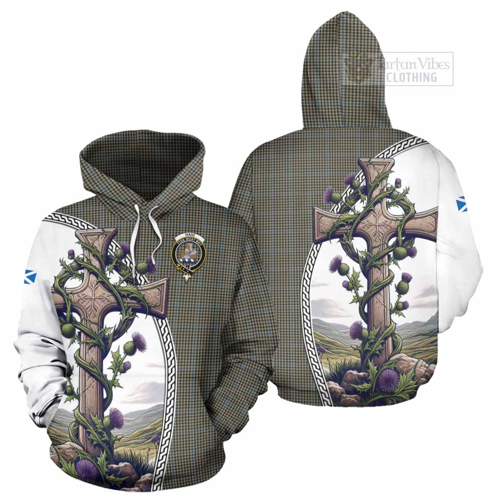 Tartan Vibes Clothing Haig Tartan Hoodie with Family Crest and St. Andrew's Cross Accented by Thistle Vines